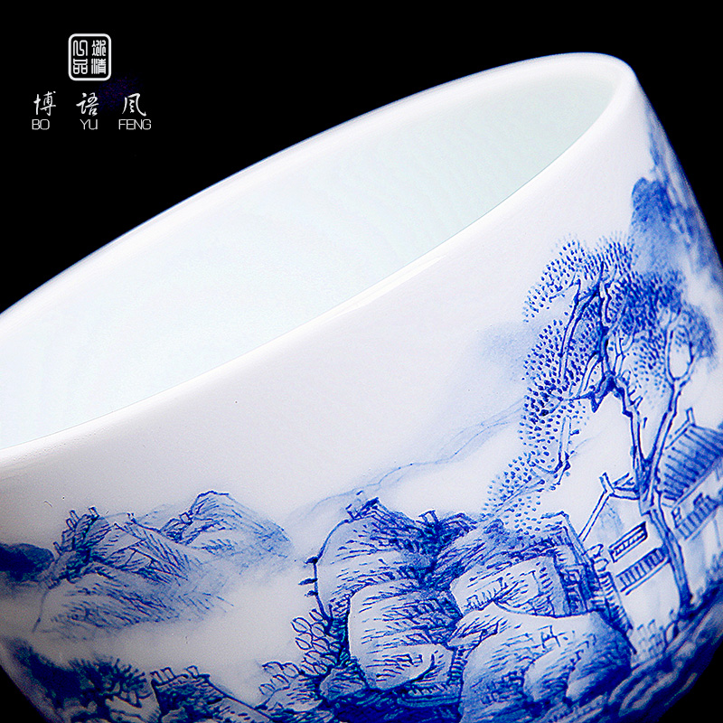 His mood and product Wang Chenfeng ceramic cups ocean 's jingdezhen blue and white landscape hand - made master cup cup small sample tea cup