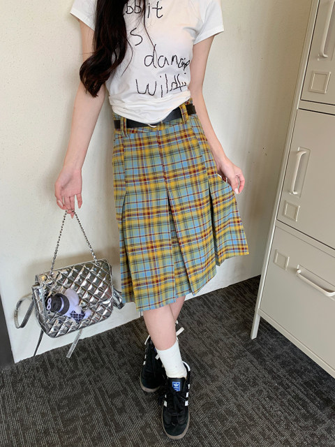 Design-sensual niche blue and yellow plaid campus style skirt