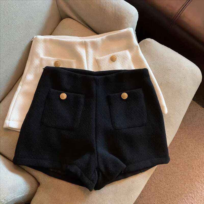 Chanel-Style Woolen Shorts for Women, Autumn and Winter, Plus Size, Korean Style, Casual High-Waisted Shorts with Pockets, Wide-Leg Pants, Outerwear Boot Shorts, Thick