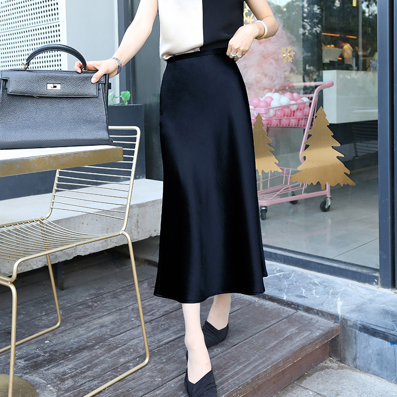 2021 Spring and summer new three satin acetic acid long skirt female spring and autumn sauce skirt label light luxury A word