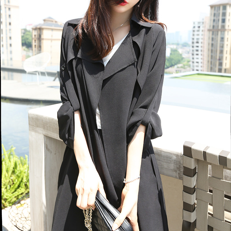 Black thin wind clothed female medium long version of the new summer cardiovert jacket light and thin sunscreen temperament 100 hitch to close the waist