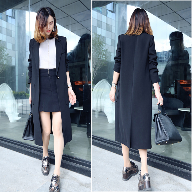 Women's black mid-length suit jacket spring and autumn long small suit windbreaker women's Korean style professional leisure slim coat