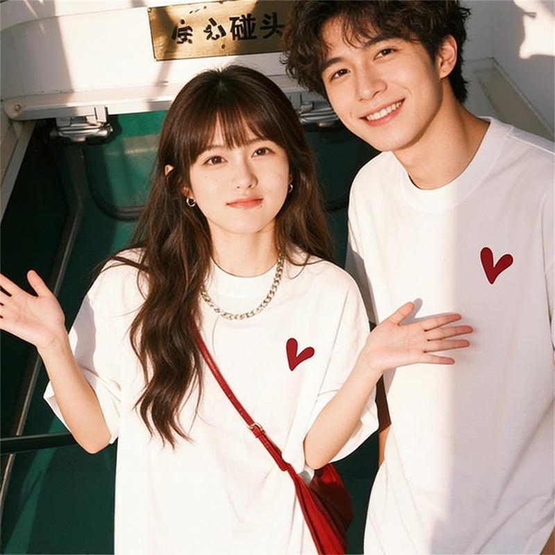 2026 New Heart Print Short-Sleeve T-Shirt Pure Cotton Couple Outfit Summer Top for Marriage Registration Photo, One Male and One Female 2026 New Heart Print Short-Sleeve T-Shirt Pure Cotton Couple Outfit Summer Top for Marriage Registration Photo, One Male and One Female