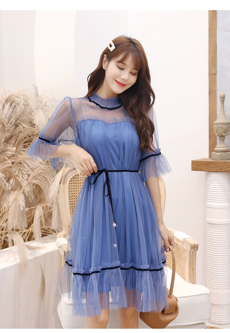 VK旗艦店 韓國風名媛蕾絲網紗優雅線條喇叭短袖洋裝