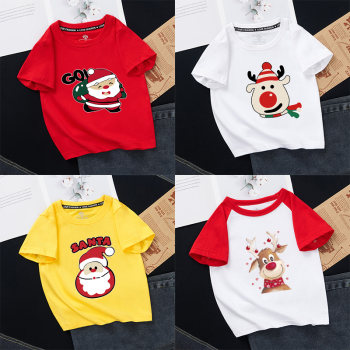 ChristmasskidsT-shirtChristmas elkSanta Claus children's red T-shirt children's clothing short sleeves