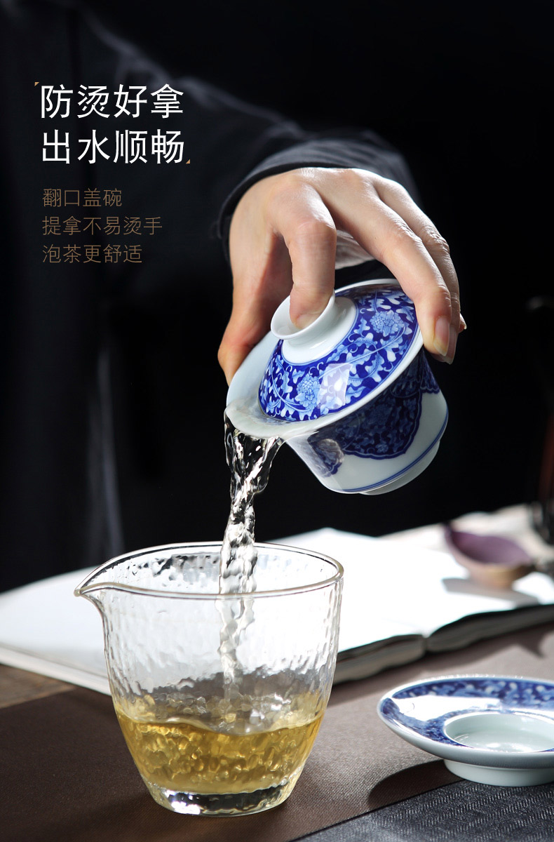 Jingdezhen porcelain ceramic hand - made bound lotus flower grain tureen tea cups a single tea set large against the hot tea three bowls