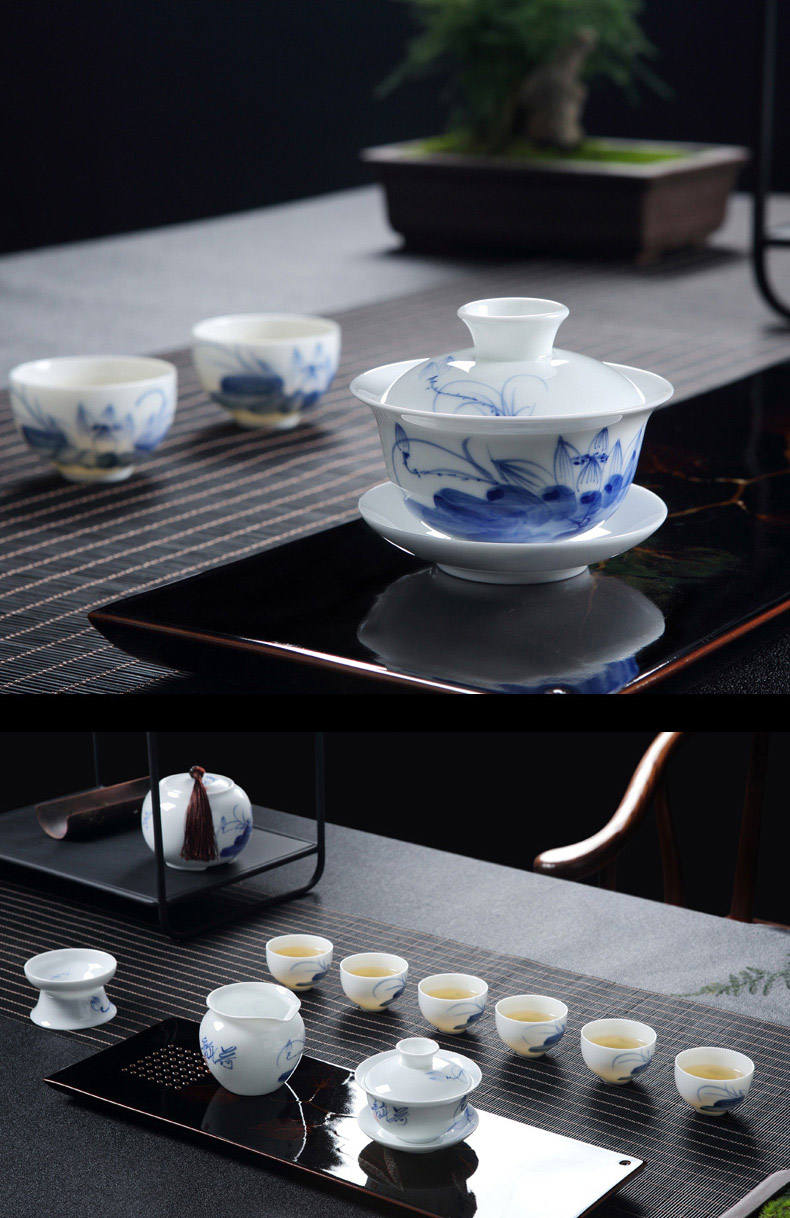 Jingdezhen blue and white porcelain hand - made ceramic kung fu tea set suits for Chinese style household small teapot tea tea cups