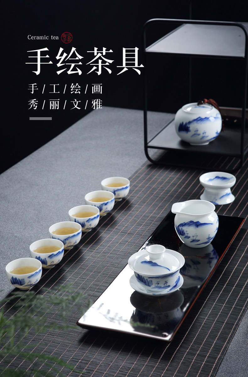 Jingdezhen blue and white porcelain hand - made ceramic kung fu tea set suits for Chinese style household small teapot tea tea cups