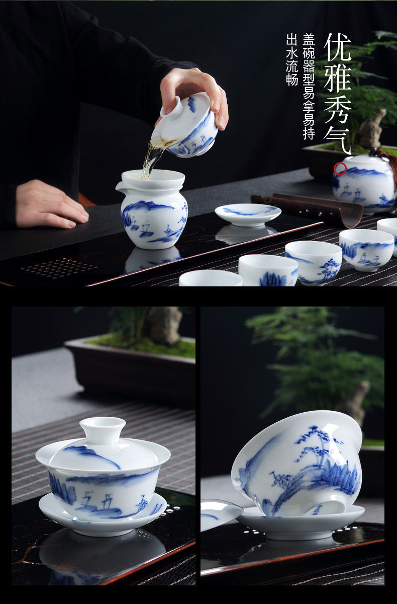 Jingdezhen blue and white porcelain hand - made ceramic kung fu tea set suits for Chinese style household small teapot tea tea cups