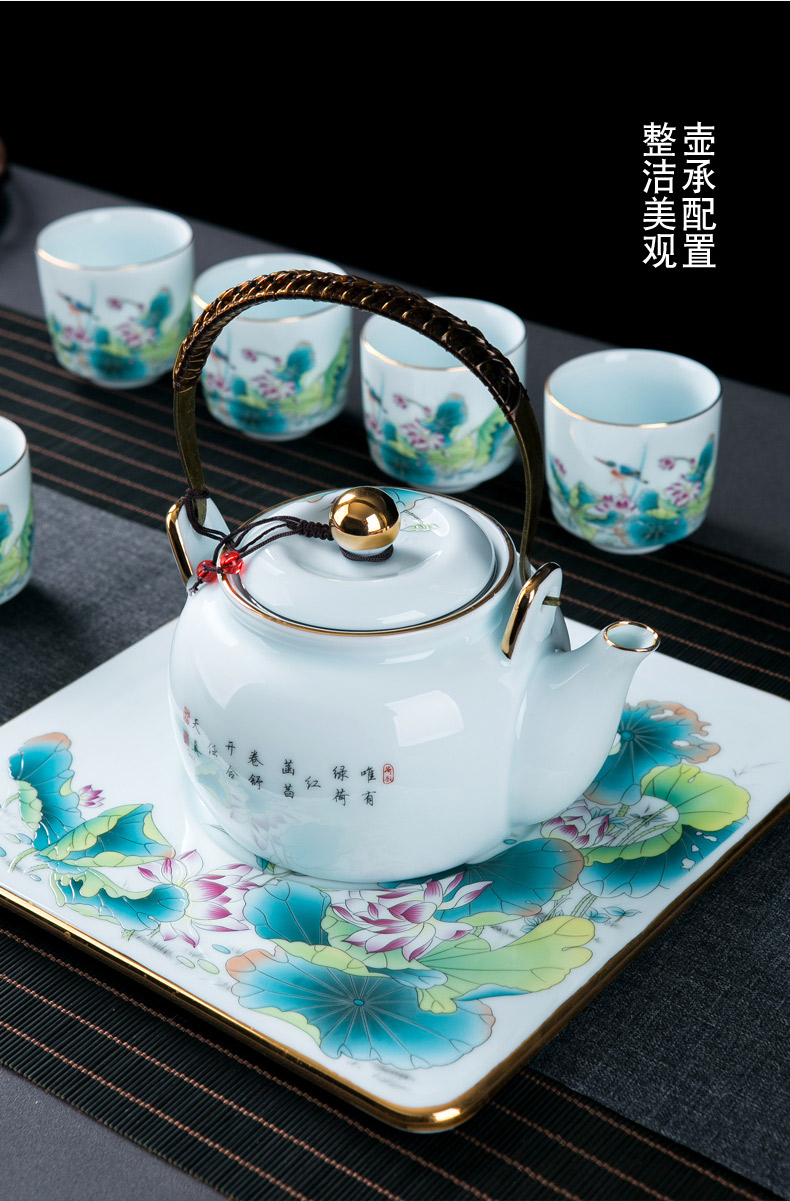 Jingdezhen kung fu tea set home sitting room retro large ceramic cups tea tray girder teapot