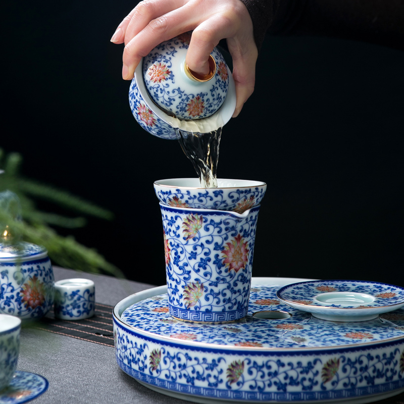 Blue and white tie up the see colour of a complete set of lotus flower tea set tea service home jingdezhen ceramic water make tea tea tray