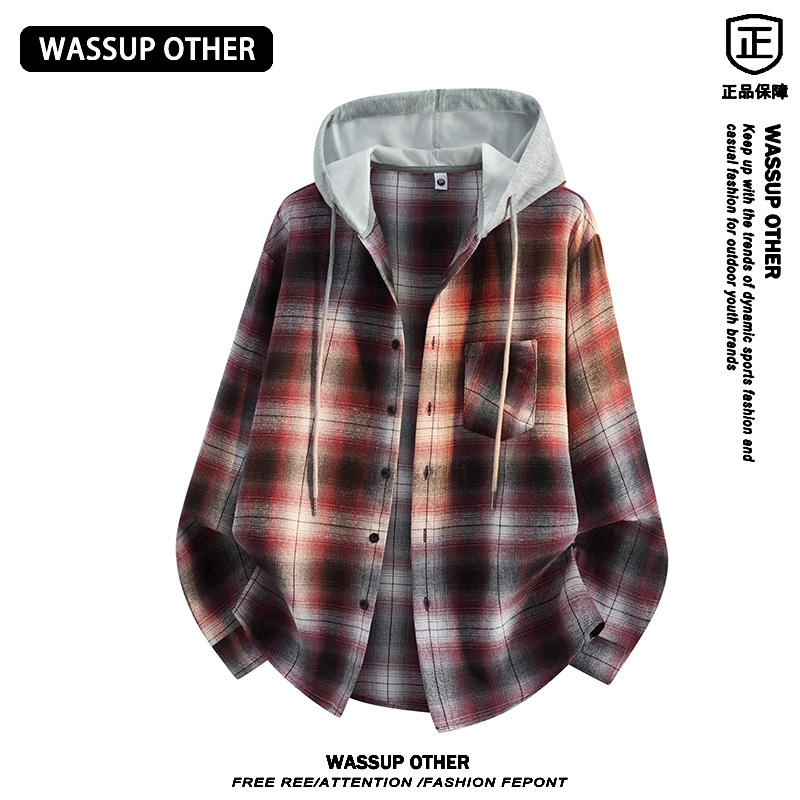 Wassup Other American-Style Contrasting Plaid Hooded Long-Sleeved Shirt for Men, Summer Versatile Shirt Jacket for Men