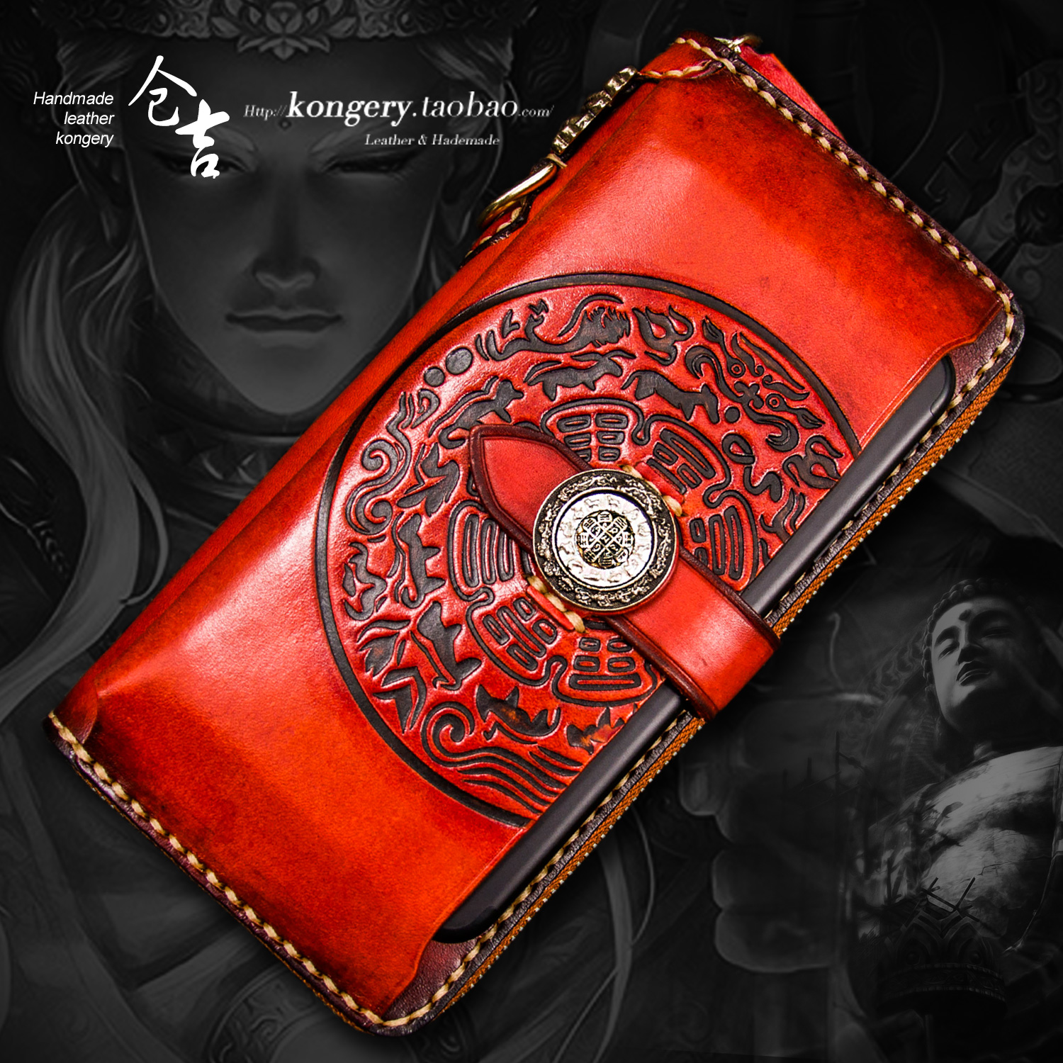 Cangji handmade wallet men's long leather zipper wallet women's cow wallet handbag bag wealth clip