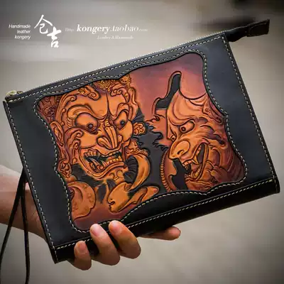 Cangji handmade envelope men and women Chinese style leather carved Prajna clutch wallet briefcase