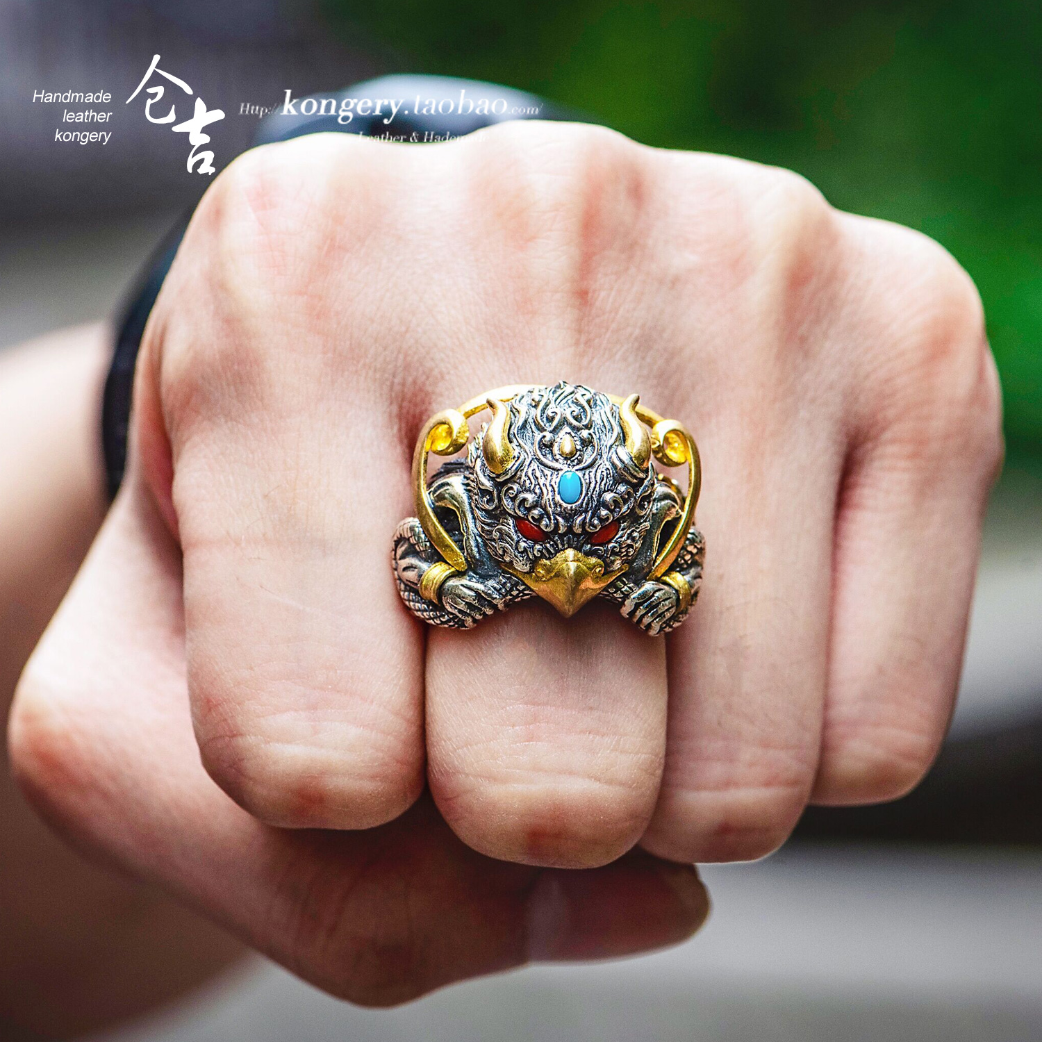 Entrance To Soul Level Stunning Unrivaled Golden Wings Large Popeng Bird Ring Bin Gig Handmade S925 Silver Ring Retro Gem Ring