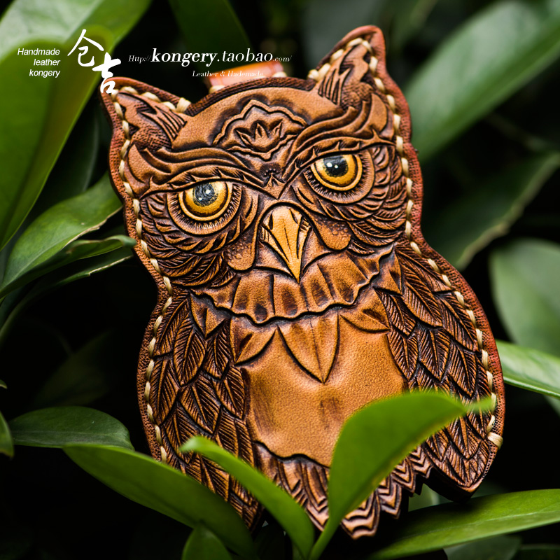 Cangji handmade key bag men and women leather carving car key bag leather retro Chinese style owl key bag practical