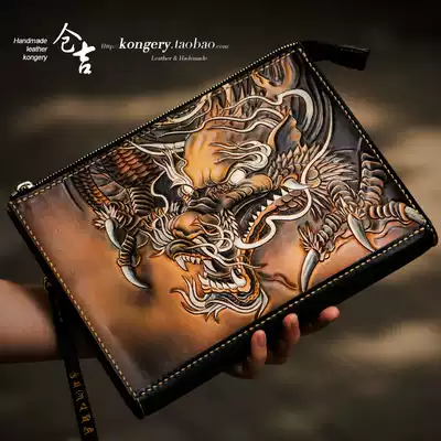 Cangji handmade envelope men's and women's leather carved briefcase zipper bag clutch bag retro Chinese style clutch bag