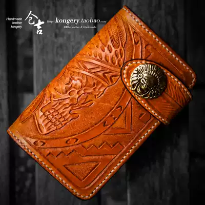 Kurayoshi handmade wallet men's short zipper bag cowhide carved wallet women's real leather hand grab bag retro wallet wallet