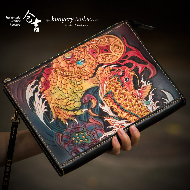 Kurayoshi handmade envelope bag men's and women's leather retro Chinese style briefcase leather carved zipper bag clutch