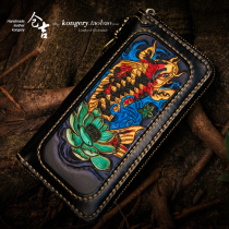 Cangji handmade wallet for men and women long zipper Chinese style retro leather carving lucky fish leather vertical clutch bag