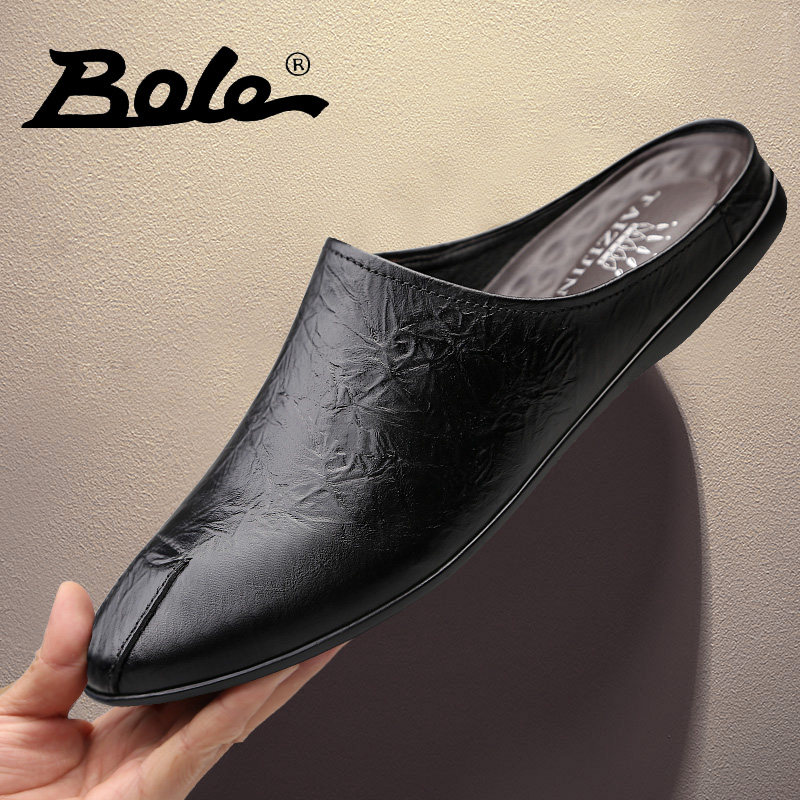 Men's leather sandals casual Korean version trend beanie shoes leather toe half slippers men's lazy one pedal without heel