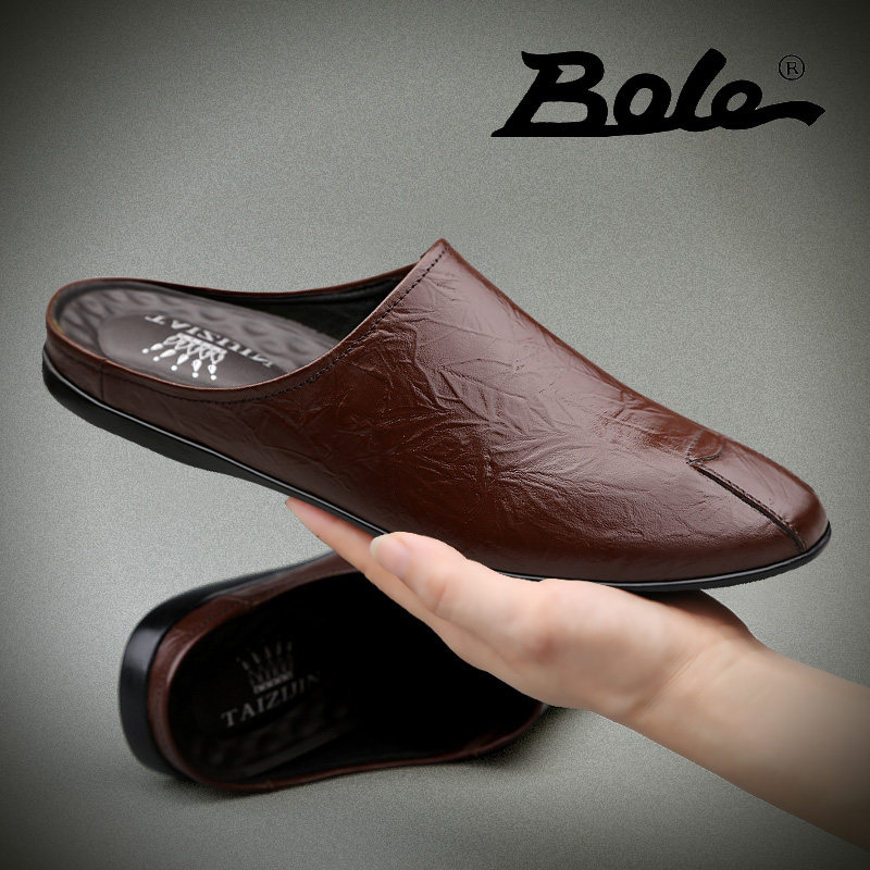 Baotou Half slipper Male lazy Man One foot pedal No heel Men's leather cool Drag casual Korean version Trend bean-bean shoes genuine leather
