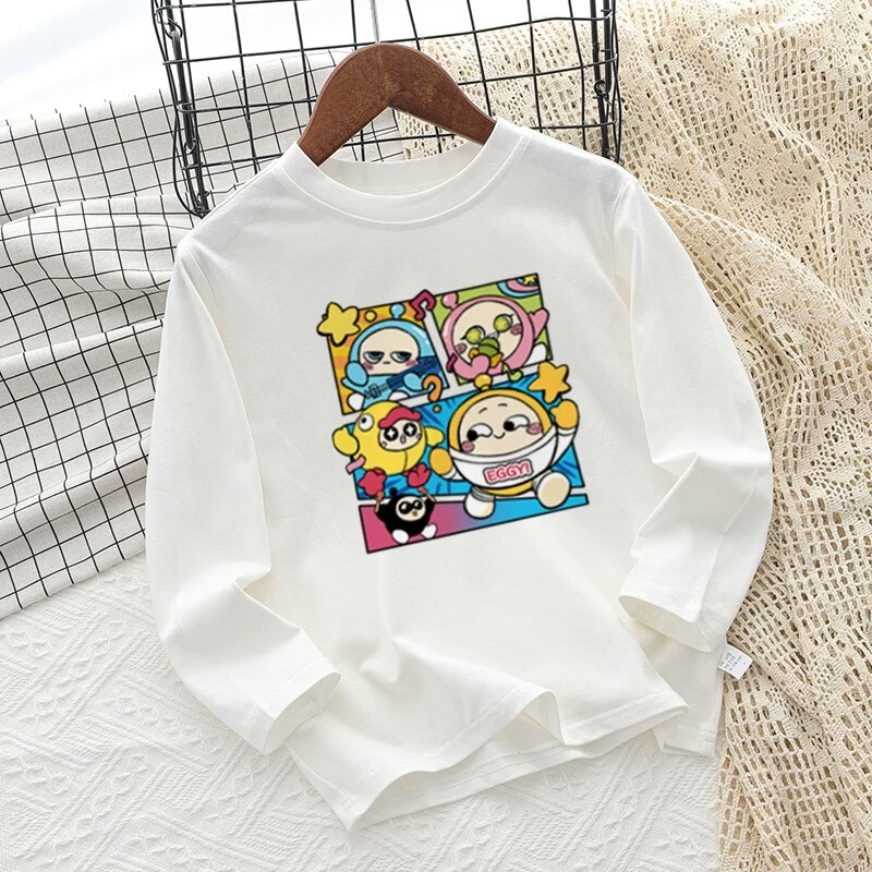 Boys and Girls Long-Sleeve T-Shirt, Pure Cotton Base Shirt, Spring and Autumn 2026 New Style, Versatile Egg-Themed Party Top for Older Children, Trendy