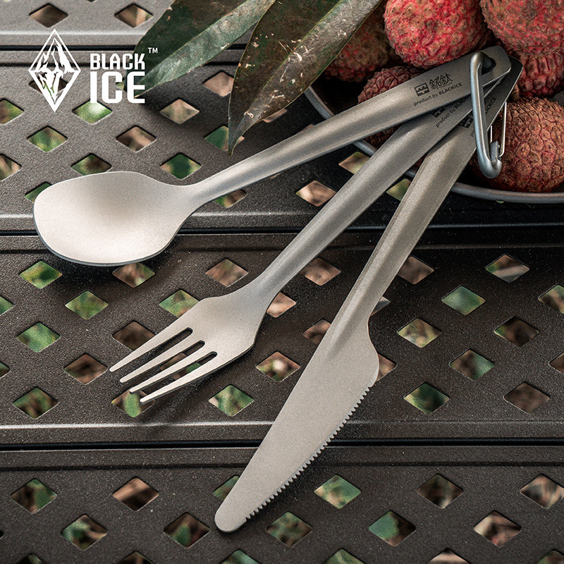 Black ice outdoor camping pure titanium knife and fork spoon set picnic titanium spoon titanium fork titanium table knife travel portable tableware