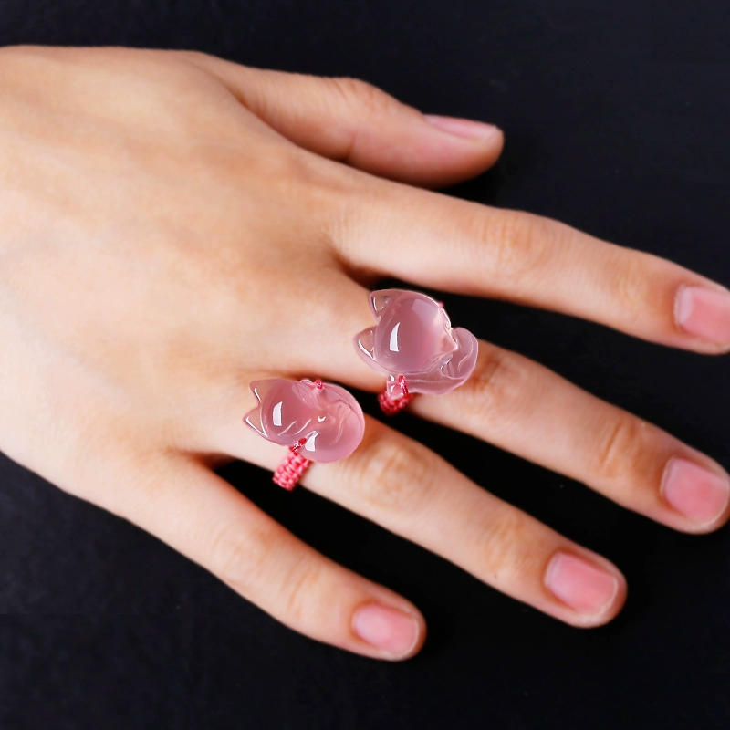 BQ [Peach Blossoms] Pink Crystal Little Fox Ring Nữ Hibiscus Stone Stone Mặt dây chuyền Star Pink Crystal Fox - Nhẫn