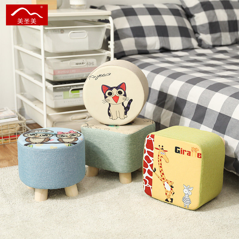 Cloth Art Small Bench Short Piers Wood Stools Fashion Creative Small Bench Domestic Children Cartoon Stools Living Room Solid Wood