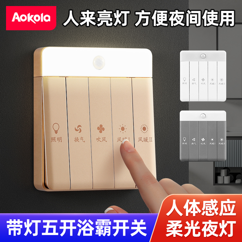 Bath Bully Light Switch Five Open Bathroom Toilet Warm Blower Switch 5 Open Five-Fit Around Body Inductive Light Switch 