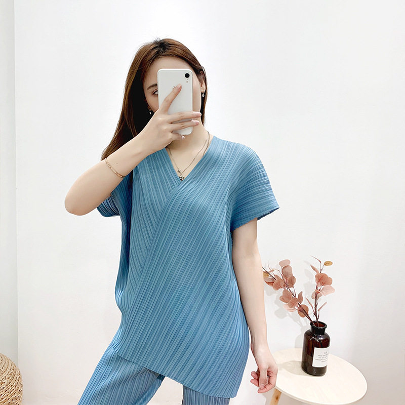 Triple Residence Drape Blouse Women 2020 Summer Fashion Daily Irregular V Collar Loose Fashion slim 100 hitch short sleeve T-shirt tide