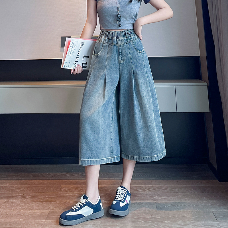 Wide-Leg Jeans for Women, New Plus-Size, High-Waisted, Loose, Slimming, Cropped Pants, Elastic Waist, Trendy Seven-Point Pants