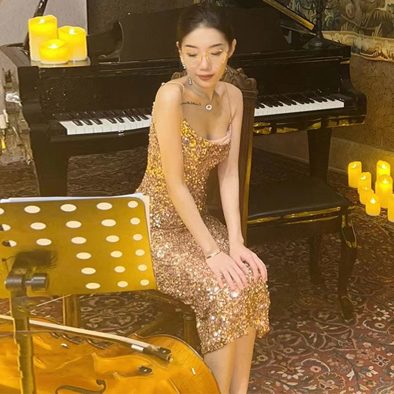 Gold Sequin Slit Sexy Spaghetti Strap Dress Slimming Shiny Birthday Dress Light Luxury Party Mini Dress