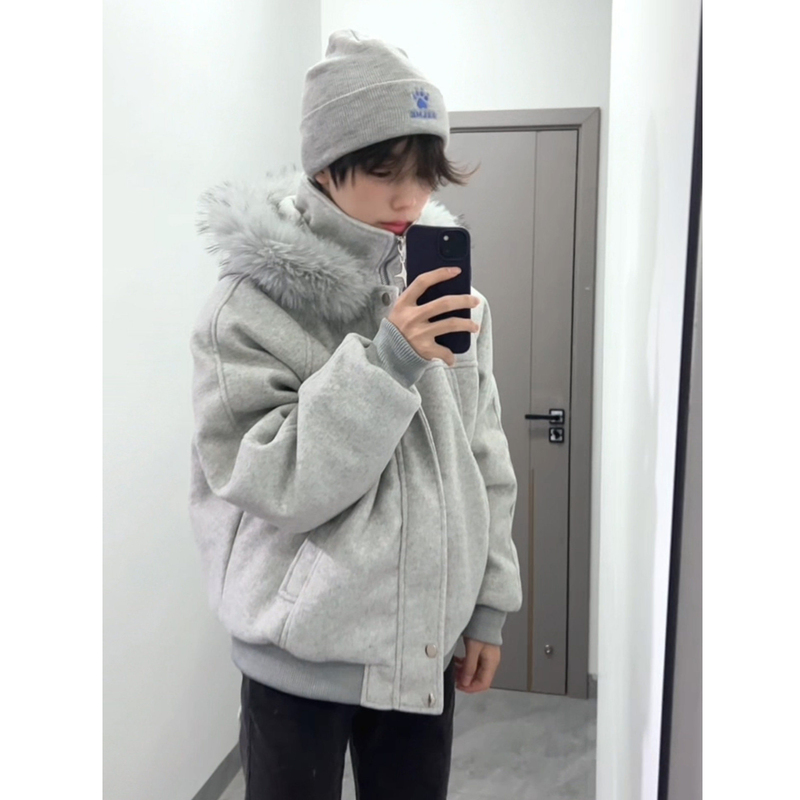 Light Gray Fur Collar Cotton-Padded Jacket for Men, Winter American-Style Thickened down Cotton Short Coat, Couple's Outerwear