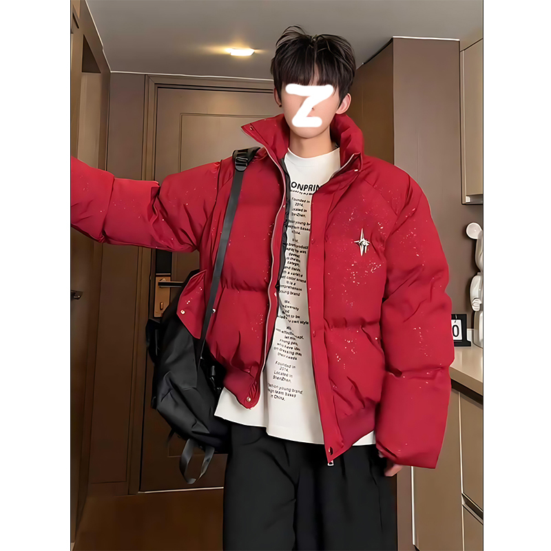Red Workwear down Jacket for Men, Winter Thickened Star-Patterned American-Style Coat, Cotton Jacket, Couple's Puffer Jacket