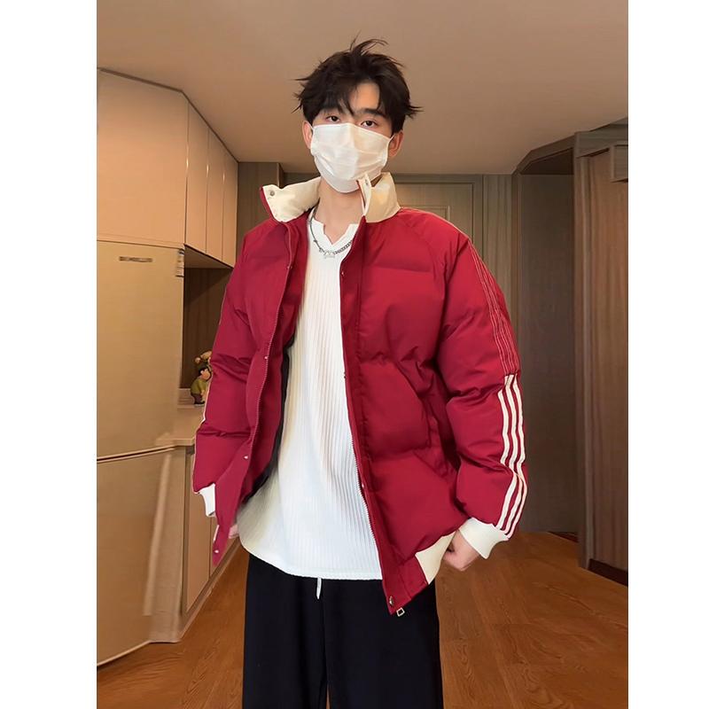 Burgundy American-Style Men's down Jacket, Winter Thickened Warm Cotton Coat, Cleanfit Short Puffer Jacket