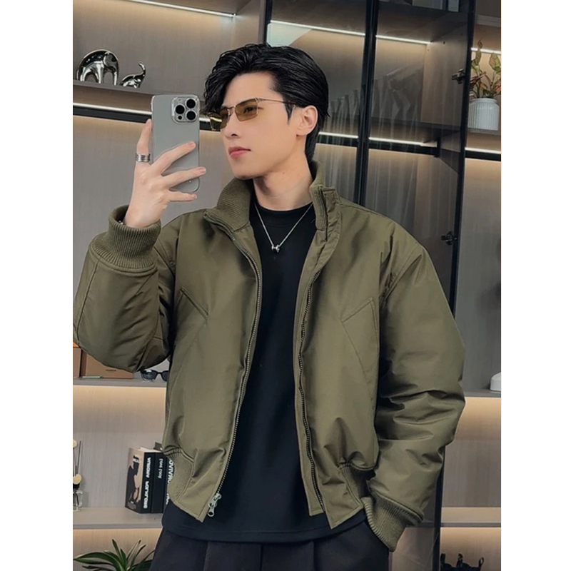 Military Green Short Bomber Flight Jacket down Coat for Men, Winter Thickened Stand Collar Cotton Jacket, Cool and Stylish Outerwear