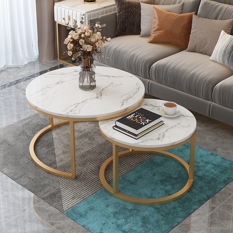 Simple modern rock plate coffee table table Living room household net red round light luxury tea table combination Small apartment Nordic tea table