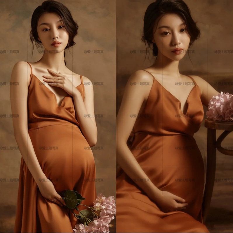 Photo Studio Maternity Photography Clothing Caramel-Colored Suspender Dress Mommy's High-End Luxury Style Photo Shoot Art Photo Photo Studio Maternity Photography Clothing Caramel-Colored Suspender Dress Mommy's High-End Luxury Style Photo Shoot Art Photo