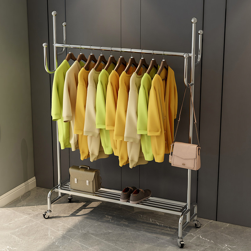 Stainless steel clothes hanger floor-to-ceiling bedroom single-rod clothes drying rod household dormitory room balcony clothes drying rack mobile pulley