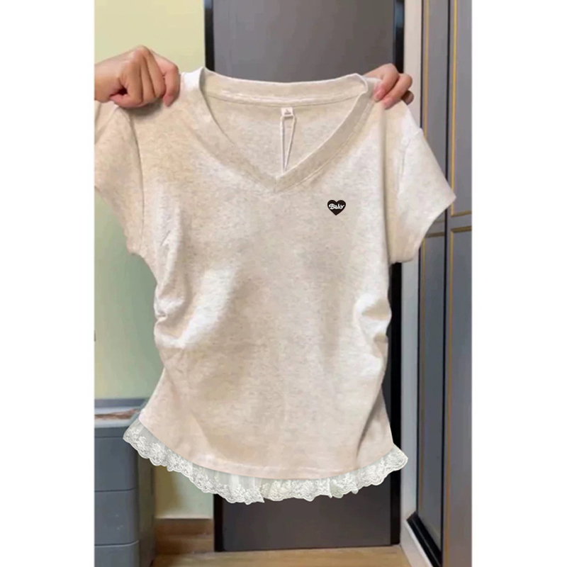 2026 Summer New Lace Trim Short Sleeve T-Shirt for Women, Sweet and Gentle Style, V-Neck Slimming Waist-Cinching Top