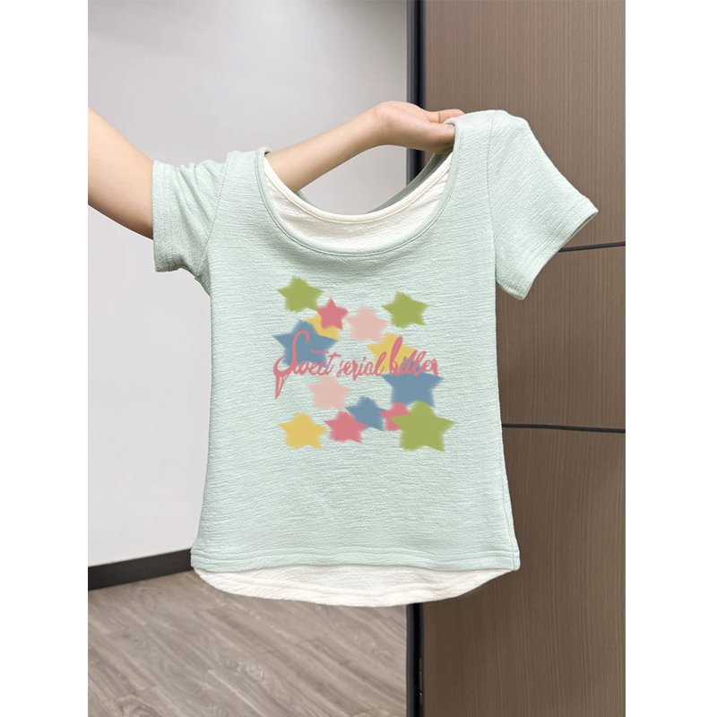 Miu Style Fake Two-Piece Super Stylish Top for Women 2026 Summer New Unique Design Beautiful Short-Sleeve T-Shirt