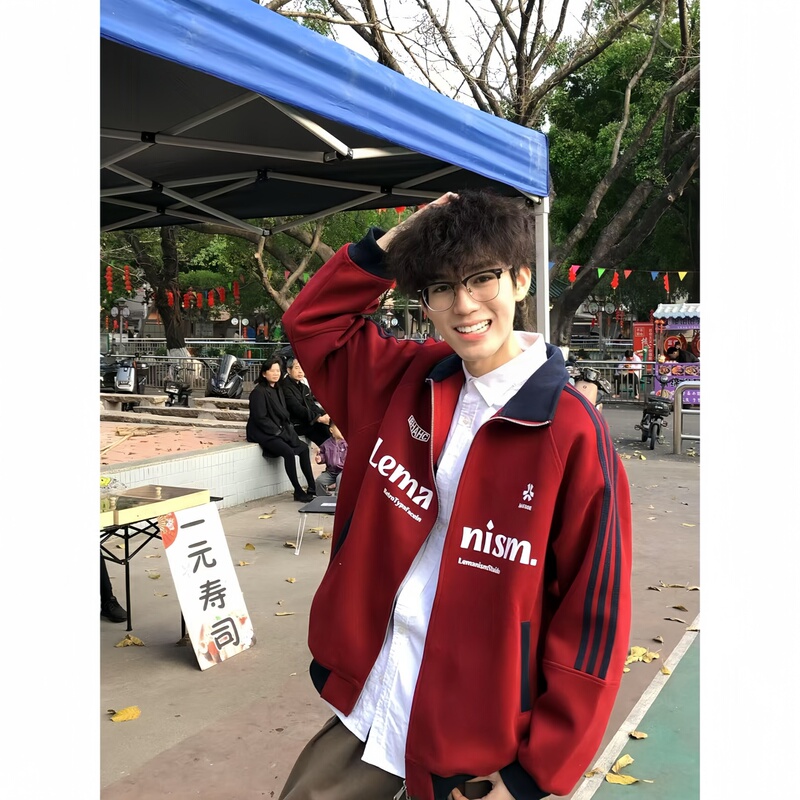 American High Street Style Color-Blocked Three-Stripe Sports Stand-Up Collar Sweatshirt Jacket for Men, Loose and Versatile Cardigan Jacket for Spring and Autumn