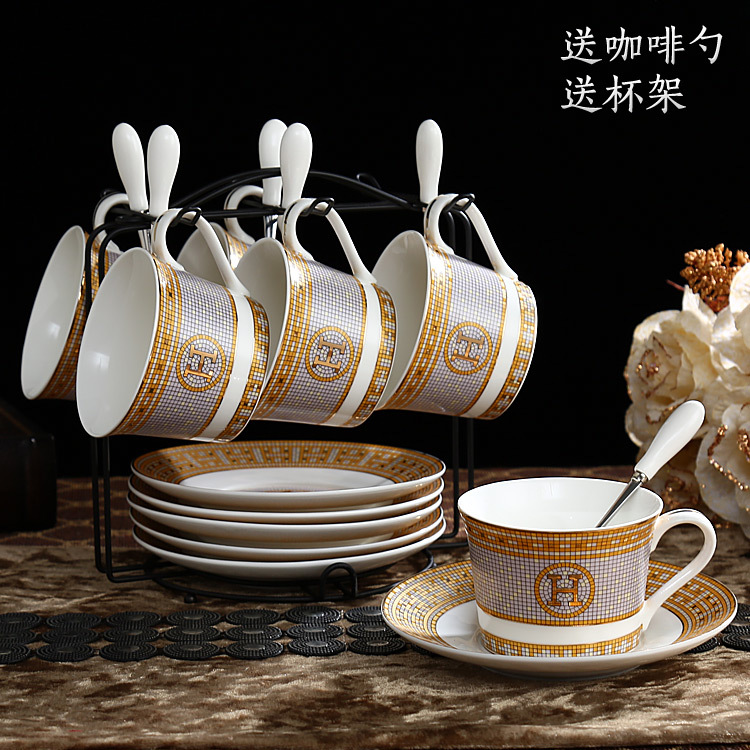 European Retro Bone China Coffee Cup and Saucer Set, Creative Light Luxury Household Ceramic Afternoon Tea Cup, Saucer, Spoon with Stand