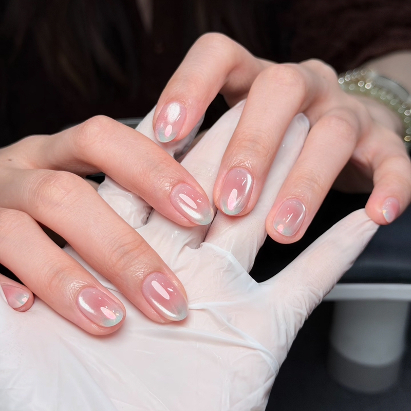 Jian Dan Handmade Nude Blush Cat-Eye Moonlight Blue Gradient Simple Commuter Summer Gentle Short Style Press-On Nails