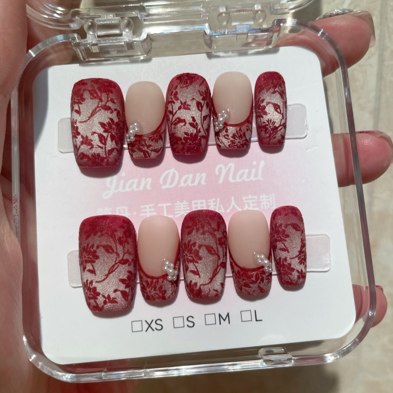 Jian Dan Handmade New Chinese Style Wearable Nails Red Velvet Vintage Floral Whitening Elegant Wedding Nail Stickers