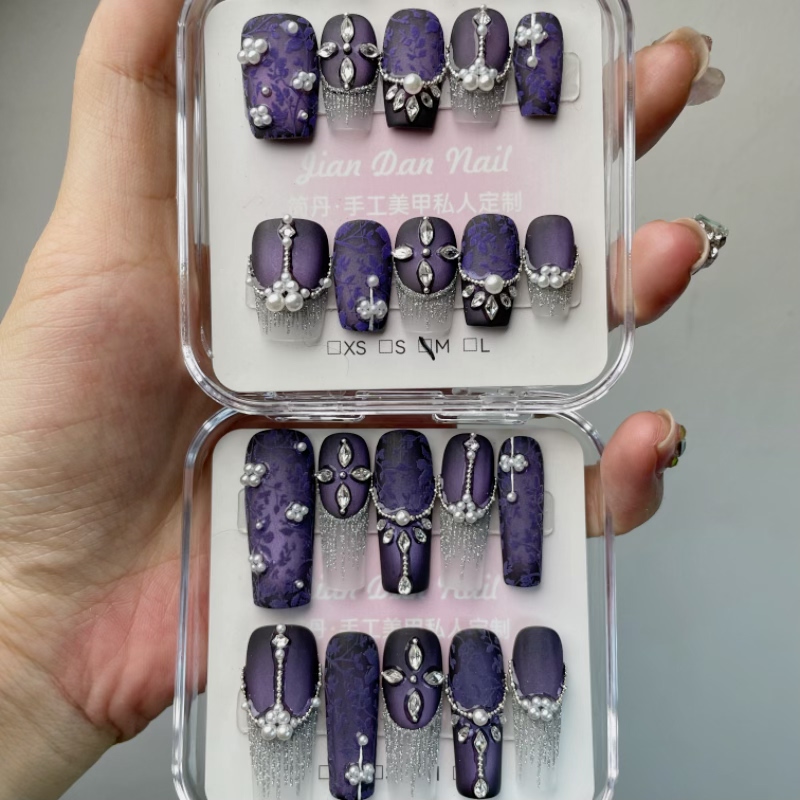 Jian Dan Handmade New Chinese Style National Style Qipao Dark Pattern Purple Pearl Rhinestone Wearable Nails Sparkling Light Luxury Nail Art