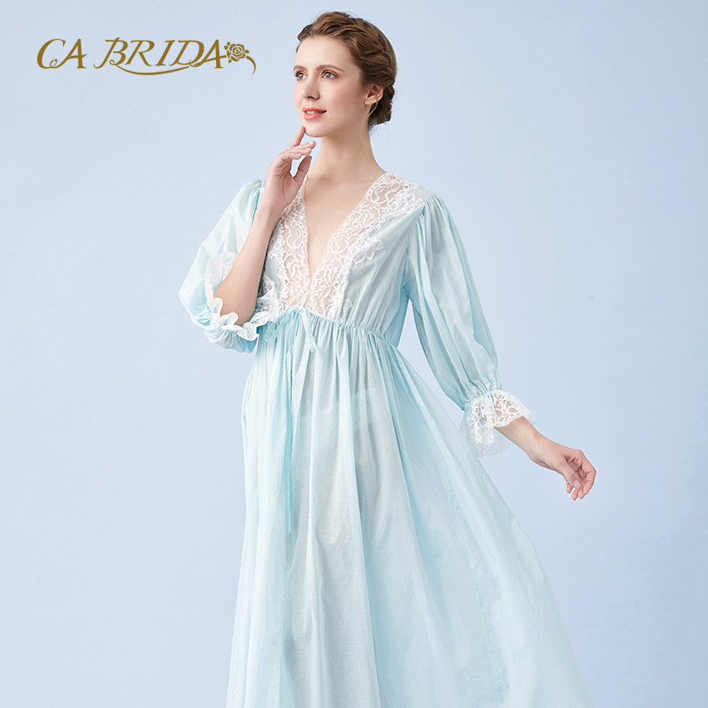 CABRIDA French NightdressEsScreen Trim Summer Vintage Lace Cotton Outer Dressing Nightgown IS315