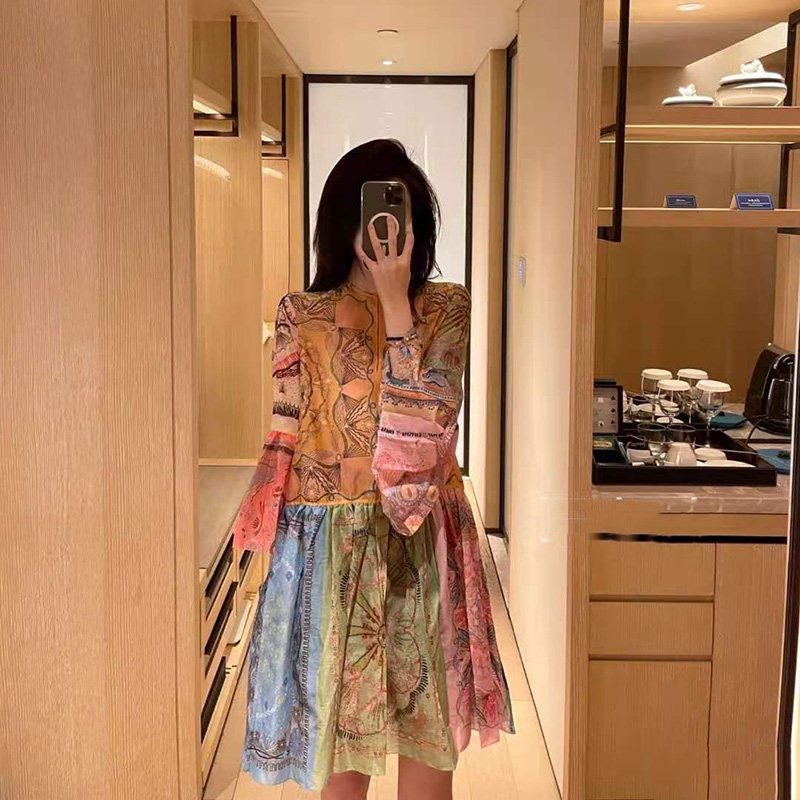 Net red color print round-neck dress women's spring dress 2021 new lotus leaf sleeves pleated skirt mid-length skirt